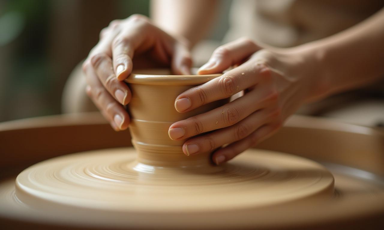 Potter's hands shaping clay on a wheel