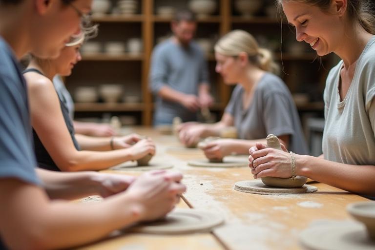 Hands working on a pottery wheel during a workshop class