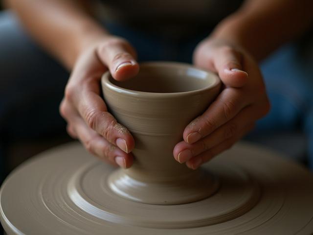 Participant hands on potter's wheel with concentration
